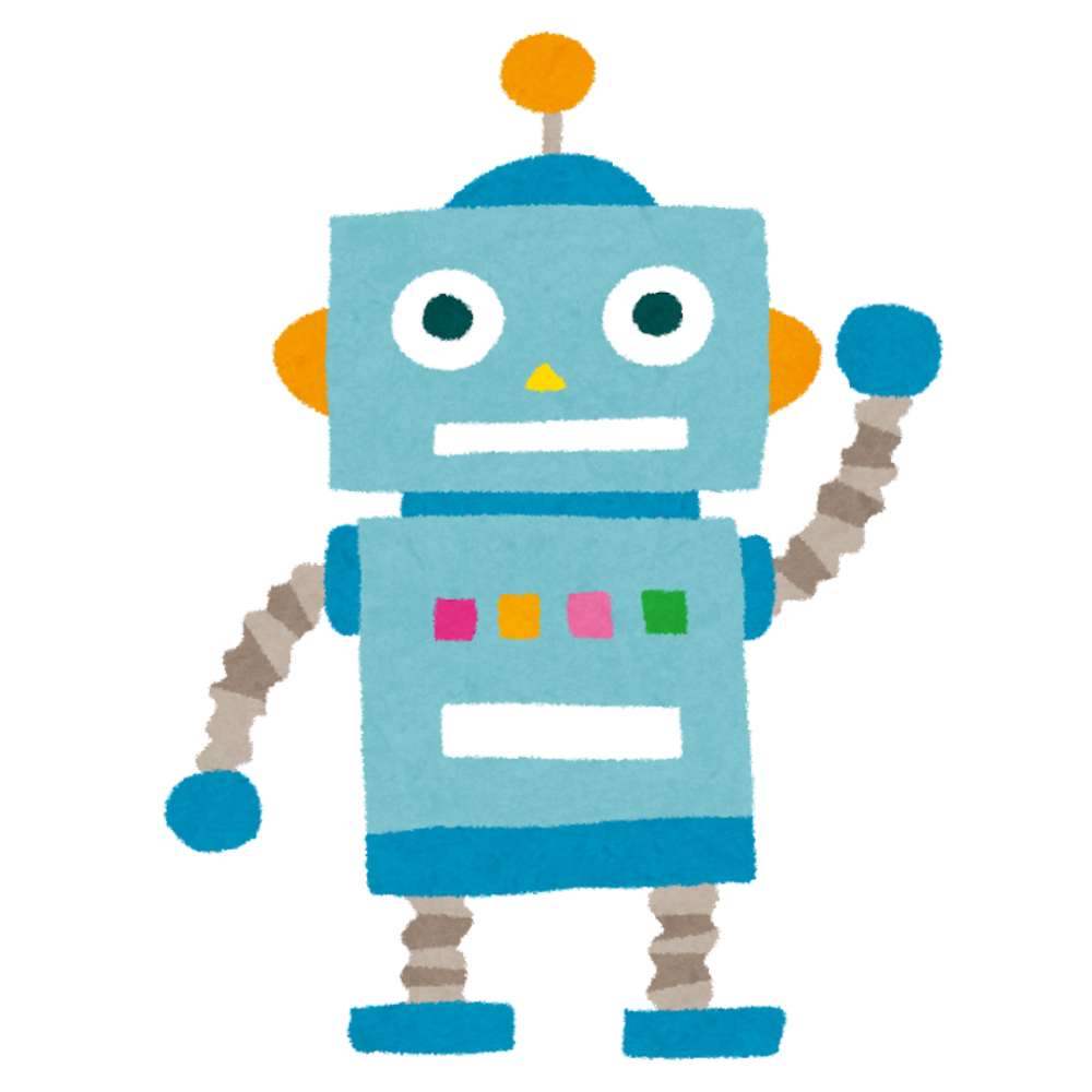 A drawing of a blue robot waving at you.